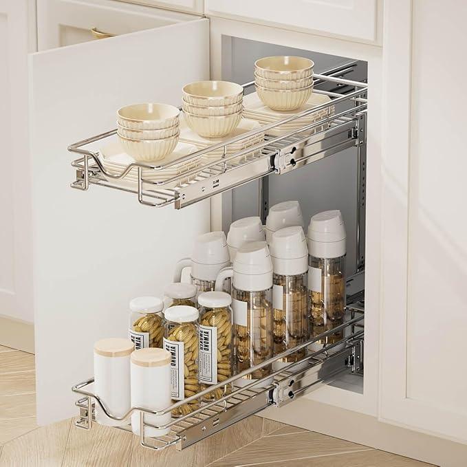 OCG 2 Tier Pull Out Cabinet Organizer (7.5" W x 21.5" D), Pull Out Drawers for Kitchen Cabinets, Pull Out Shelves for Base Cabinet Organization in Kitchen Bathroom Pantry, Chrome Finish - NeatNest