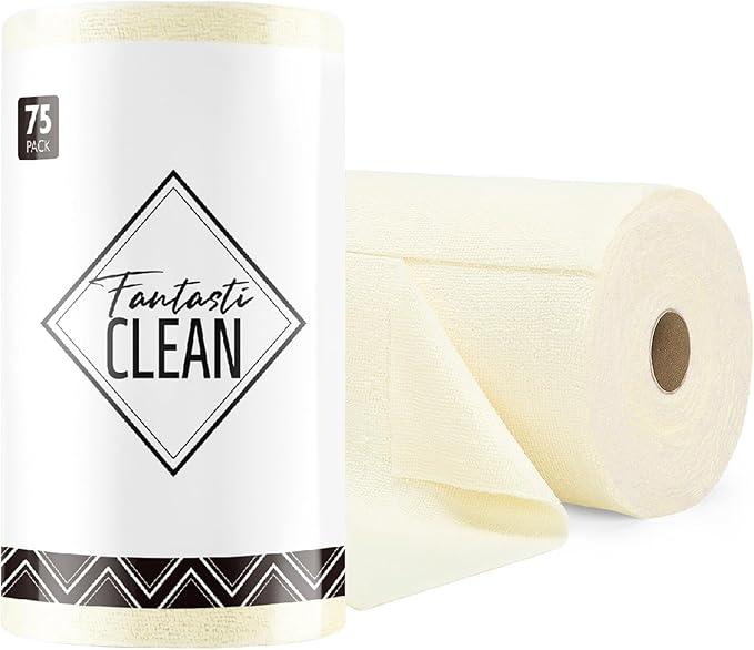 Fantasticlean Microfiber Cleaning Cloth Roll -75 Pack, Tear Away Microfiber Towels, 12" x 12", Reusable, Washable, Scratch Free, Ultra Absorbent Dishcloth for Home Supplies, Car, Pet, Kitchen (Beige) - NeatNest