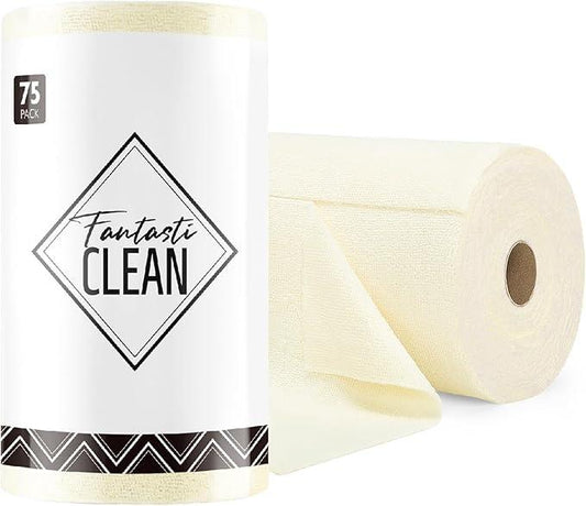 Fantasticlean Microfiber Cleaning Cloth Roll -75 Pack, Tear Away Microfiber Towels, 12" x 12", Reusable, Washable, Scratch Free, Ultra Absorbent Dishcloth for Home Supplies, Car, Pet, Kitchen (Beige) - NeatNest