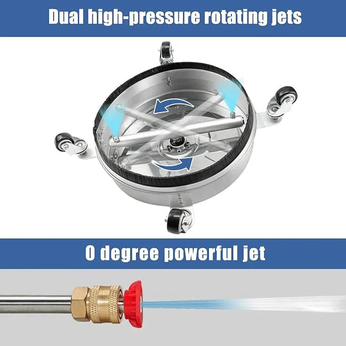 janz 14" Pressure Washer Surface Cleaner with 4 Wheels, Stainless Steel Housing, 1/4" Quick Plug, 2 Extension Wands, 2 Replacement Nozzles and 3 Spray Nozzles, 4000 PSI - NeatNest