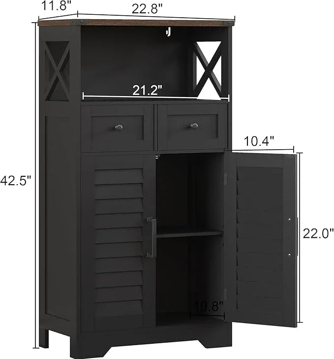 ChooChoo Farmhouse Storage Cabinet, Bathroom Floor Cabinet with Doors and Drawers, Kitchen Pantry Cabinet for Living Room, Laundry, Black - NeatNest