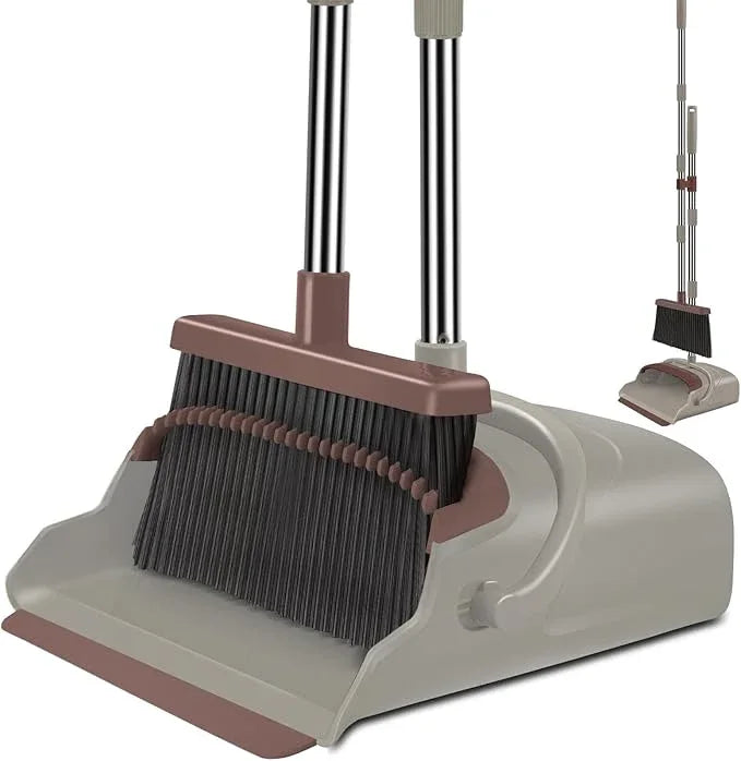 kelamayi Upgrade Broom and Dustpan Set, Self-Cleaning with Dustpan Teeth, Ideal for Dog Cat Pets Home Use, Super Long Handle Upright Stand Up Broom and Dustpan Set (Brown) - NeatNest