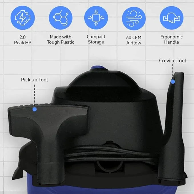 Koblenz WD-2L Portable Wet Dry Vacuum, 2-Gallon 2 PHP Suction Plus Blower Vacuum Cleaner for Liquids, Dust, Pet Hairs, 10' Reach, Ideal for Home, Car, Garage, Shop, Accessories Included, Blue/Black - NeatNest