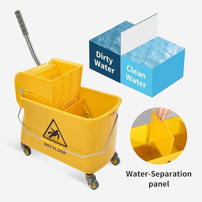 22 Qt (5.5 Gallon) Mop Bucket with Wringer for Floor Cleaning, Handle, Wheels, 16.5" L x 10.6" W x 26.4" H, Yellow,Add One Loop-end String Mop - NeatNest