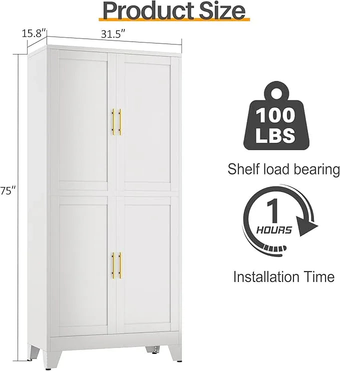 75" H Tall Kitchen Pantry Cabinet, Pantry Storage with Doors and 3 Adjustable Shelves, Metal Storage, Cupboard for Kitchen, White - NeatNest