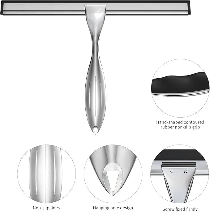 Shower Squeegee for Glass Door 12-Inch Stainless Steel Bathroom Squeegee Window Wiper, Includes Shower Door Hook, Adhesive Hook, and Spare Silicone Blade for Window Mirror Car All-Purpose Squeegee - NeatNest