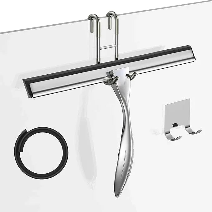 Shower Squeegee for Glass Door 12-Inch Stainless Steel Bathroom Squeegee Window Wiper, Includes Shower Door Hook, Adhesive Hook, and Spare Silicone Blade for Window Mirror Car All-Purpose Squeegee - NeatNest