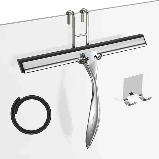 Shower Squeegee for Glass Door 12-Inch Stainless Steel Bathroom Squeegee Window Wiper, Includes Shower Door Hook, Adhesive Hook, and Spare Silicone Blade for Window Mirror Car All-Purpose Squeegee - NeatNest