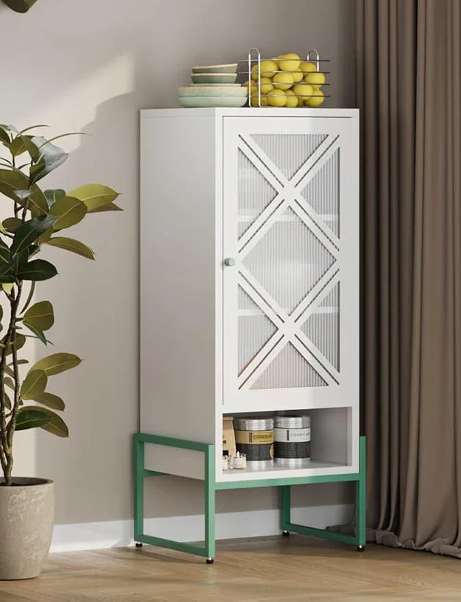 Metal Storage Cabinet with Adjustable Shelves, 42.53"H Freestanding Organizer for Pantry, Kitchen, Bathroom & Laundry Room, Strong & Rust-Resistant, Easy Assembly (White+Green Transparent Door Panel) - NeatNest
