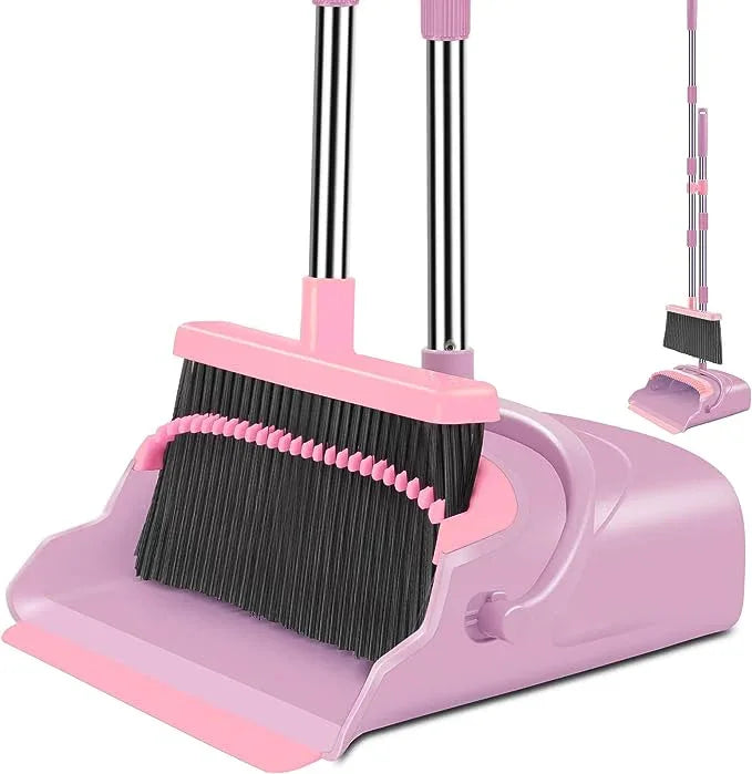 kelamayi Broom and Dustpan Set for Home, Office, Indoor&Outdoor Sweeping, Stand Up Broom and Dustpan (Pink) - NeatNest