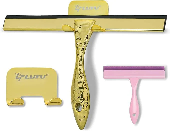 2-Pack Shower Squeegee for Glass Doors, 12 inch Gold Stainless Steel & 5 inch Pink Mini with 2 Gold Hooks, Non-Slip Hammered Handle, Silicone Wiper for Shower, Bathroom, Tile and Mirror - NeatNest
