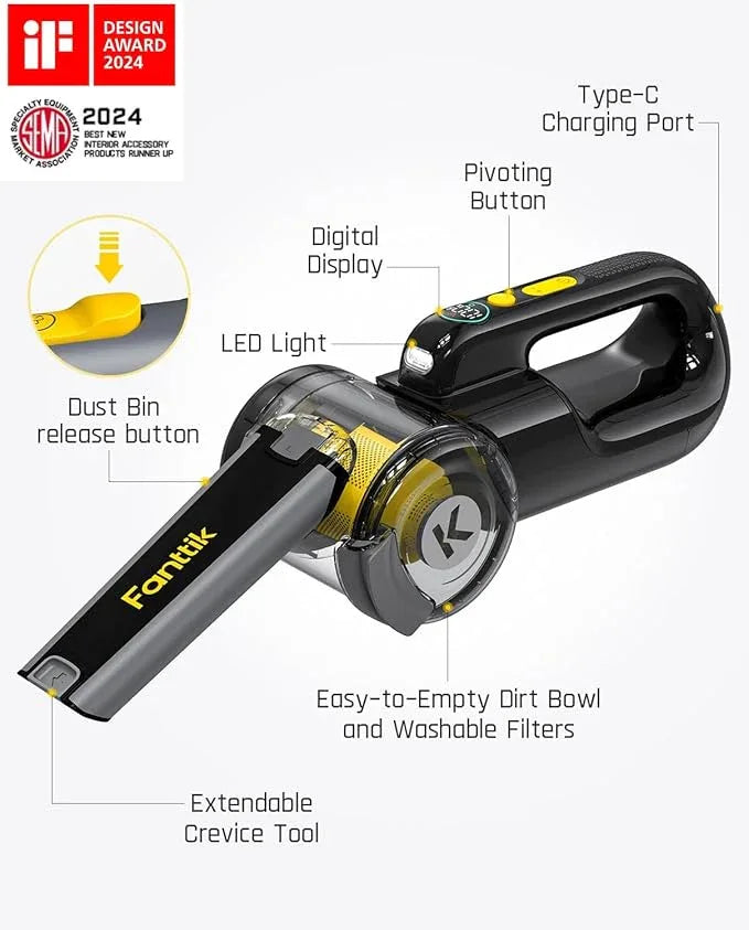 Fanttik Fold V10 APEX Pivot Cordless Car Vacuum, 17000Pa Handheld Vacuum Suction Power, Smart LED Display, Portable for Car Home Pet (Deluxe with Flexible Hose&Pet Brush) - NeatNest