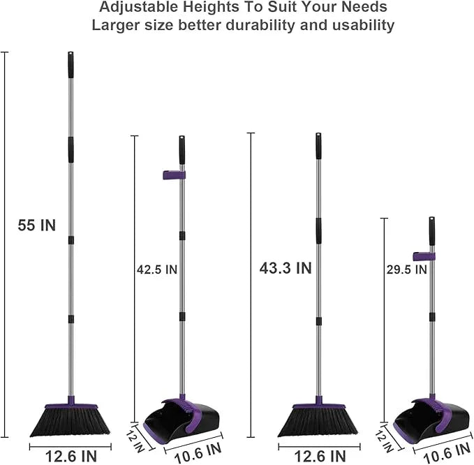 Broom and Dustpan Set, Large Household Dustpans and Broom with 55 Inch Long Handle, Pueple Broom with Dustpan Combo Set for Home - NeatNest