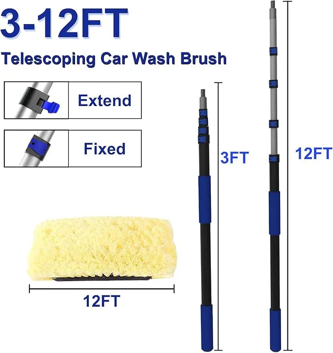 SKGPOLE 18Ft Reach Car Wash Brush with Long Handle, Car Cleaning Brush 12-Inch Soft Bristles, 3-12Foot Aluminium Telescoping Pole for Scratch-Free Cleaning RV, Car, Boats, Truck, Floors, Solar Panels - NeatNest