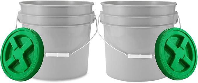 House Naturals 3.5 Gallon Food Grade Grey Bucket Pail with Green Screw on Air-Tight Lid (Pack of 4) BPA Free containers -Made in USA - NeatNest