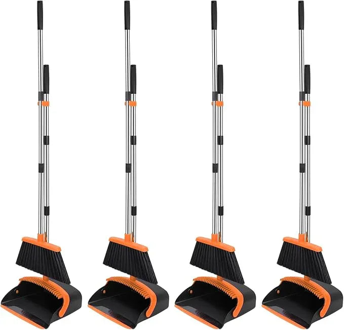 NACENA Broom and Dustpan Set, 52-in Long Adjustable Handle Broom Dustpan Combo with Dustpan Teeth to Automatically Clean Hair Suitable for Home Kitchen Office Hall Floor (Black&Orange), 4 Pack - NeatNest
