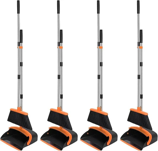 NACENA Broom and Dustpan Set, 52-in Long Adjustable Handle Broom Dustpan Combo with Dustpan Teeth to Automatically Clean Hair Suitable for Home Kitchen Office Hall Floor (Black&Orange), 4 Pack - NeatNest