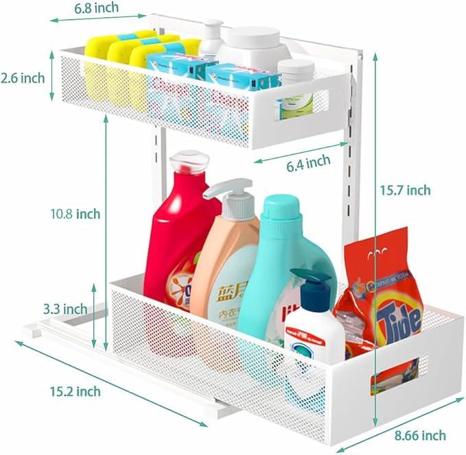 Under Sink Organizer Adjustable Height 2 Tier Bathroom Organizer Pull Out Cabinet Organer kitchen organizers and storage fridge organizers and storage,White,XL-1 Pack - NeatNest