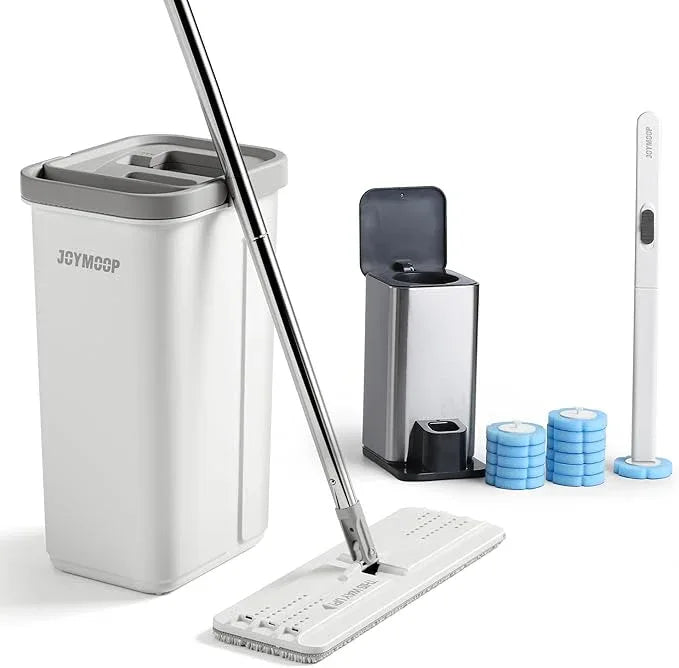JOYMOOP White Flat Mop & Bucket with 1 Microfiber Pad, 12 Disposable Toilet Brushes, Stainless Steel Toilet Brush and Holder Set, Multi-Functional Cleaner for Floors, Windows, and Toilets - NeatNest