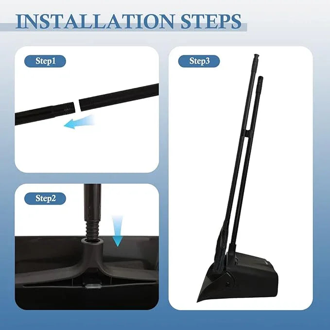 Primero Basics Broom and Dustpan Set with Long Handle and Wheels, Upright Standing Heavy Duty Large Dust Pan and Broom Combo for Indoor Outdoor, Kitchen, Garage, Restaurant Cleaning – Black - NeatNest