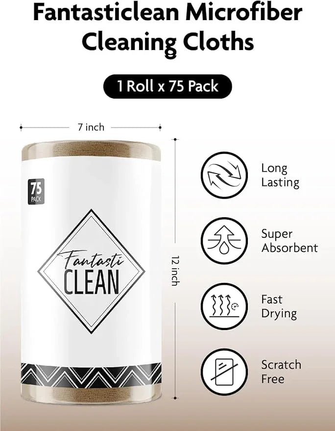 Fantasticlean Microfiber Cleaning Cloth Roll -75 Pack, Tear Away Microfiber Towels, 12" x 12", Reusable, Washable, Scratch Free, Ultra Absorbent for Car, Home Supplies (TAN) - NeatNest