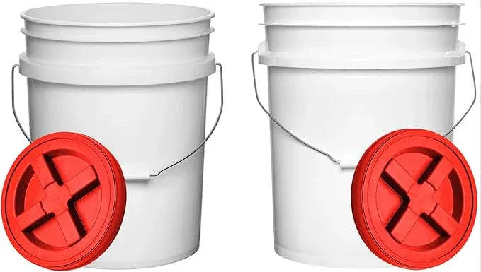 House Naturals Food Grade 5 Gallon Made in USA Plastic Bucket with Air Tight Screw on Lid (White Buckets with Red Lids) - NeatNest