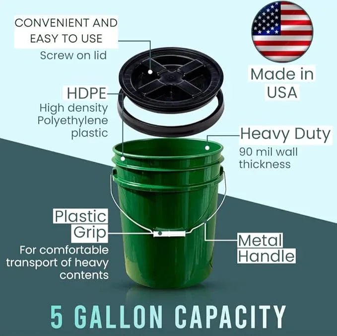 House Naturals 5 Gallon Food Grade BPA Free Container Dark Green Bucket with Screw On Black Lid - NeatNest