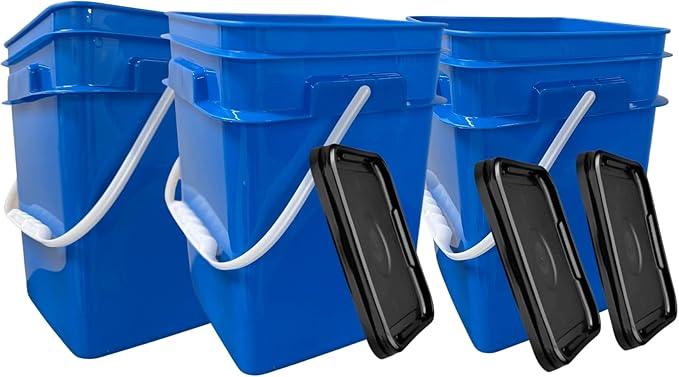 House Naturals 4 Gallon Square Food Grade Bucket Pail with Plastic Handles and Lid (Pack of 3) Made in USA containers (Blue) - NeatNest