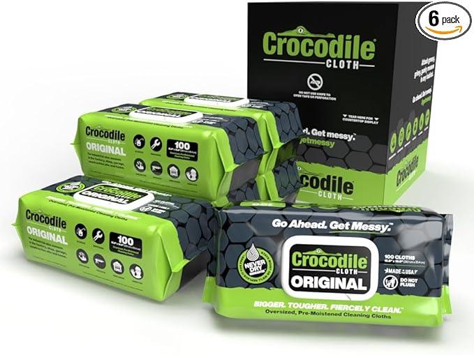 Crocodile Cloth Original Cleaning Wipes, 600 Count (6 Packs of 100) – Heavy-Duty 15” x 10” Multi-Surface Shop Wipes, Water-Based, Safe on Skin, Cuts Grease, Grime & Dirt - NeatNest