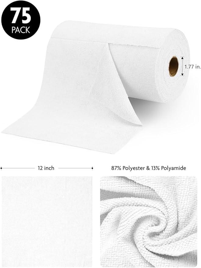 Fantasticlean Microfiber Cleaning Cloth Roll -75 Pack, Tear Away Microfiber Towels, 12" x 12", Reusable, Washable, Scratch Free, Ultra Absorbent Dish Rags for Car, Home, Garage or Shop (White) - NeatNest