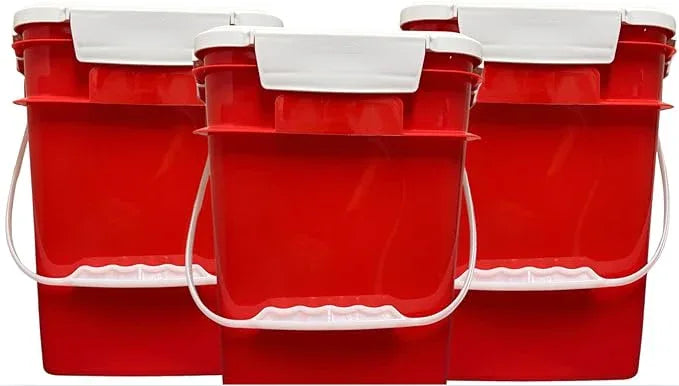 House Naturals 4 Gallon Square Food Grade Bucket Pail with Plastic Handles and Lid (Pack of 3) Made in USA containers (RED-White Lids) - NeatNest