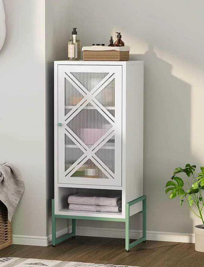 Metal Storage Cabinet with Adjustable Shelves, 42.53"H Freestanding Organizer for Pantry, Kitchen, Bathroom & Laundry Room, Strong & Rust-Resistant, Easy Assembly (White+Green Transparent Door Panel) - NeatNest