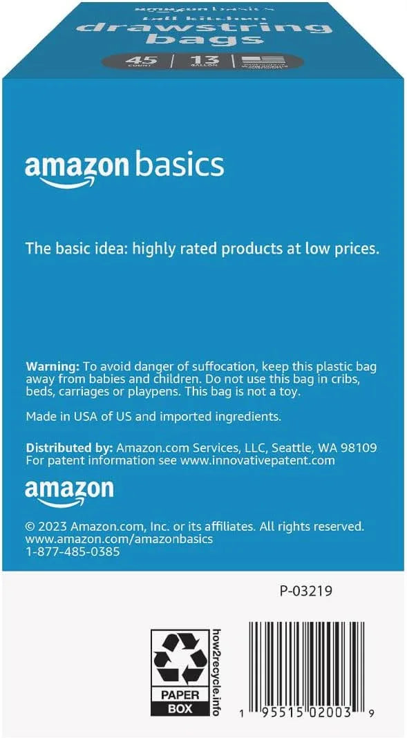 Amazon Basics Trash Bags, Tall Kitchen Drawstring, Unscented, 13 Gallon, 45 Count, Pack of 1 - NeatNest