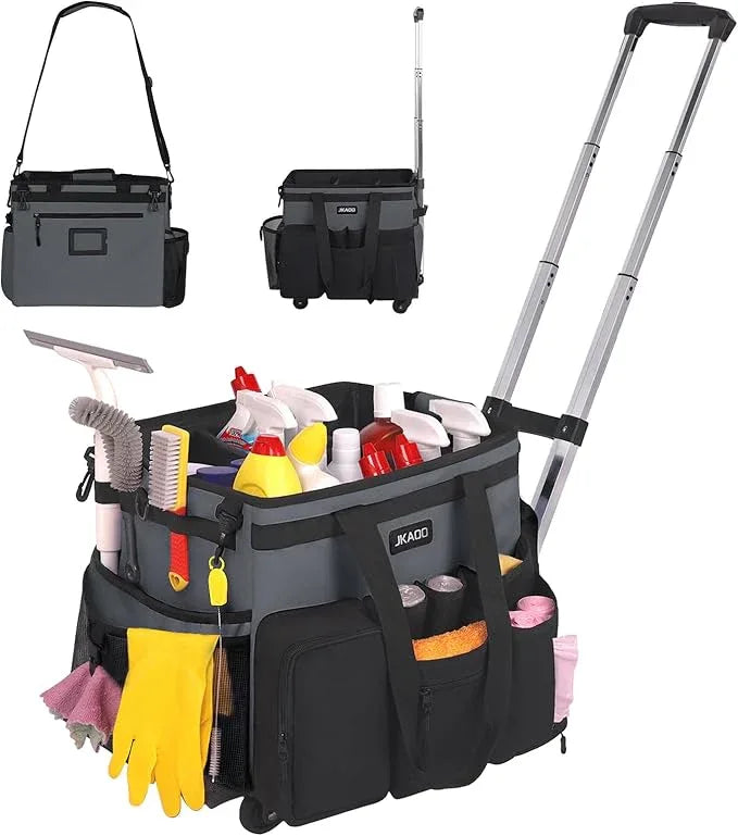 Large Rolling Cleaning Caddy Bag with Detachable Trolley, Waterproof Cleaning Caddy on Wheels for Housekeepers, Cleaning Cart Supplies Organizer for Home,Car,Office,Picnic(Gray)(InPatent) - NeatNest