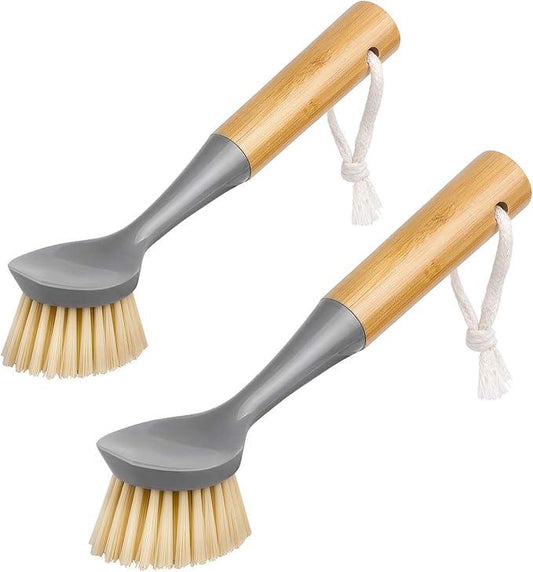 MR.SIGA Dish Brush with Bamboo Handle Built-in Scraper, Scrub Brush for Pans, Pots, Kitchen Sink Cleaning, Pack of 2 - NeatNest