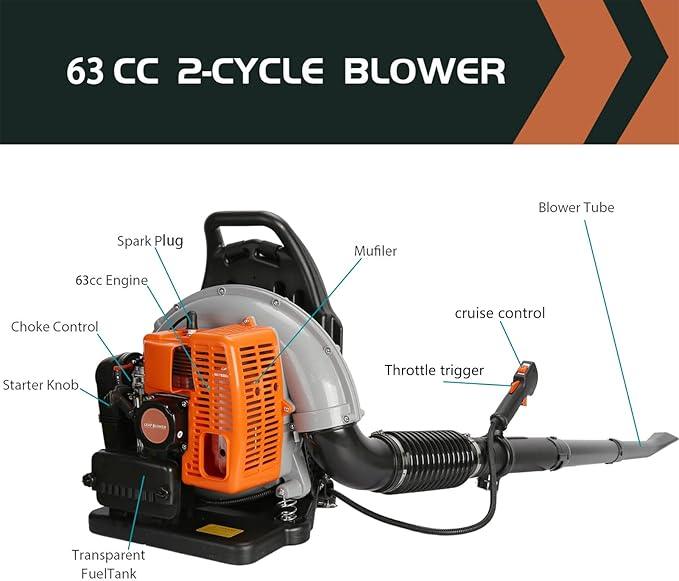 63CC Backpack Leaf Blower Gas Powered, 3HP 2-Stroke Engine, 665CFM High Velocity Air Cooling System, Adjustable Backpack Blowers Gas for Lawn, Garden, Yard, Snow, Gutter Cleaning (Power Orange) - NeatNest