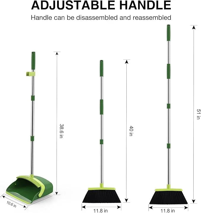 Broom and Dustpan Set, 52-in Long Adjustable Handle Broom Dustpan Combo with Dust pan Teeth to Automatically Clean Hair Suitable for Home Kitchen Office Hall Floor (Green), 2 Pack - NeatNest