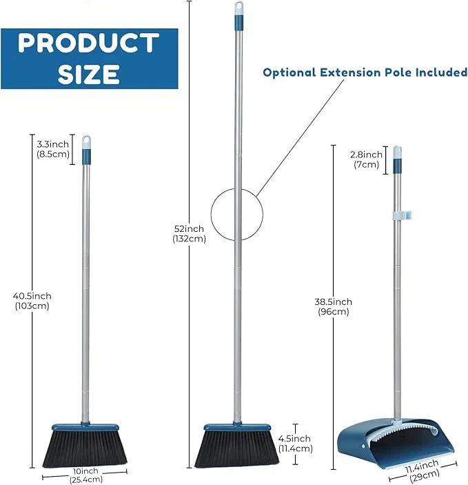 Standing Dustpan and Broom Set with 52" Long Extendable Handle for Home, Indoor, Kitchen Room Office Lobby Floor Cleaning - NeatNest