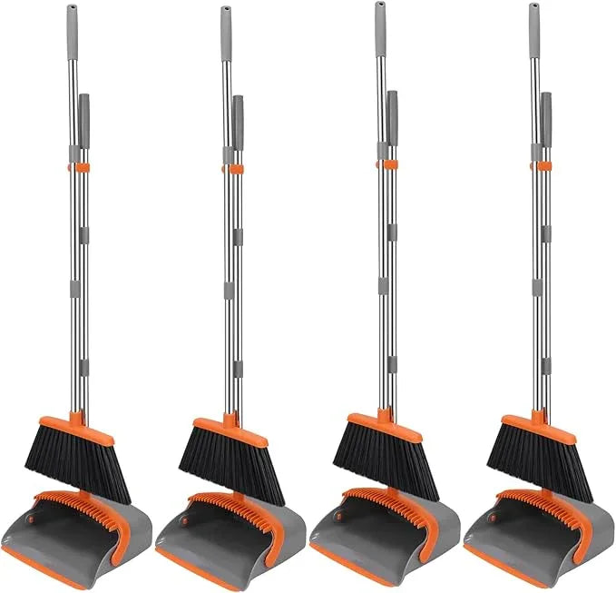NACENA Broom and Dustpan Set, 52-in Long Adjustable Handle Broom Dustpan Combo with Dustpan Teeth to Automatically Clean Hair Suitable for Home Kitchen Office Hall Floor (Grey&Orange), 4 Pack - NeatNest