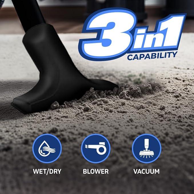 Koblenz WD-2.5L Portable Wet Dry Vacuum, 2.5-Gallon 2.5 PHP Suction Plus Blower Vacuum Cleaner for Liquids, Dust, Pet Hairs, 10’ Reach, For Car Cleaning, Wall-Mount Support, Parts Included, Blue/Black - NeatNest