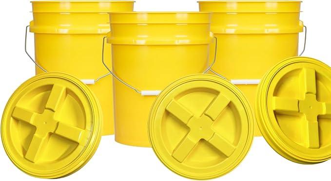 House Naturals 5 Gallon Plastic Yellow Food Grade BPA Free Made in USA Bucket Pail with Air Tight Double Gasket Screw on Lid(Pack of 3) (Yellow and Yellow lids) - NeatNest