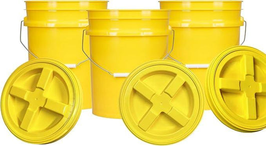 House Naturals 5 Gallon Plastic Yellow Food Grade BPA Free Made in USA Bucket Pail with Air Tight Double Gasket Screw on Lid(Pack of 3) (Yellow and Yellow lids) - NeatNest