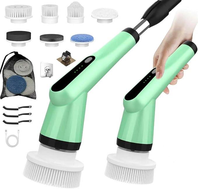 Electric Spin Scrubber, Shower Scrubber with Long Handle Adjustable, 2 Speed & 7 Replaceable Brush Heads Shower Cleaner Brush, Electric Scrubber for Cleaning Bathroom Tile Floor Bathtub Green - NeatNest