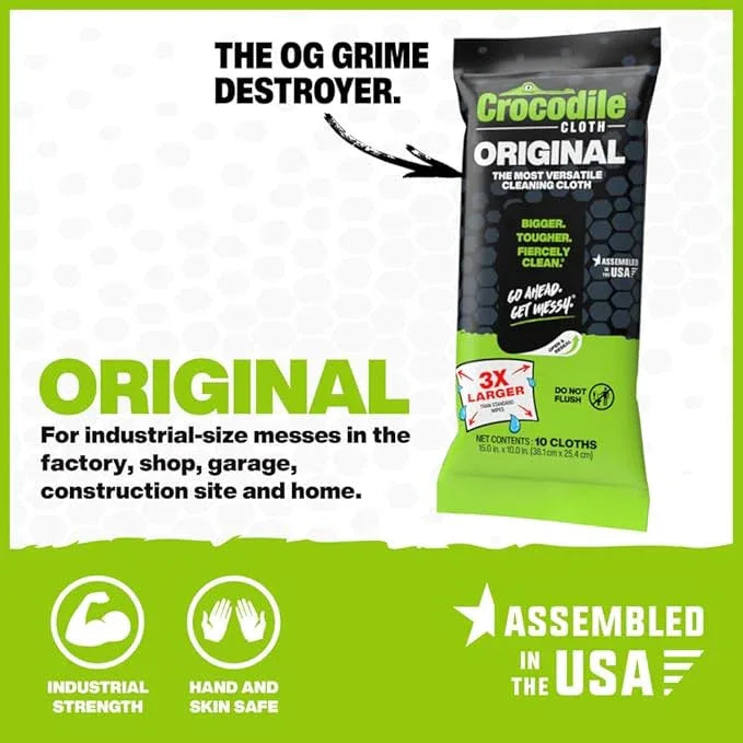 Crocodile Cloth Original Cleaning Wipes – 10 (15” x 10”) Hand & Tool Industrial Cleaning Wipes – Large Multi-Surface Cleaning Cloths, Water-Based Solution with Extreme Cleaning Power — Safe on Skin - NeatNest