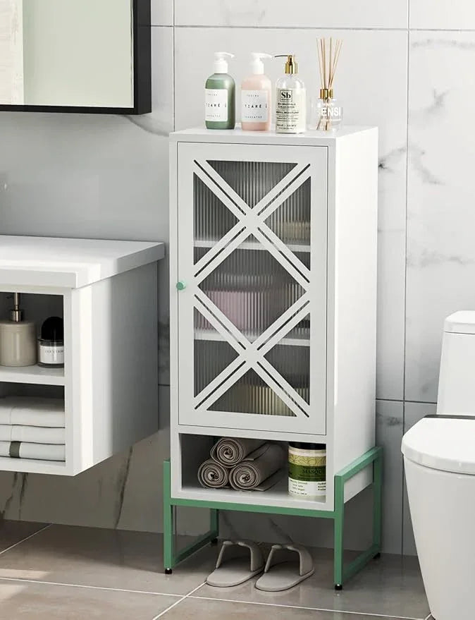 Metal Storage Cabinet with Adjustable Shelves, 42.53"H Freestanding Organizer for Pantry, Kitchen, Bathroom & Laundry Room, Strong & Rust-Resistant, Easy Assembly (White+Green Transparent Door Panel) - NeatNest