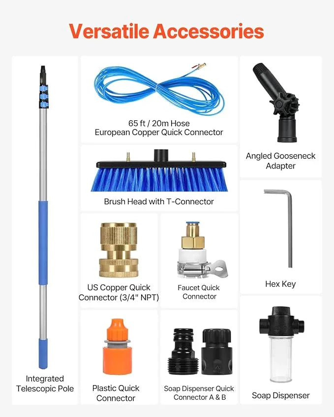 VEVOR Water Fed Pole Kit, 20FT Solar Panel Cleaning Pole with Extendable Handle, 180° Rotatable Brush Head & 65.6FT Hose, Household & Outdoor Window Cleaner Tool for Caravan Solar Panel Deck - NeatNest
