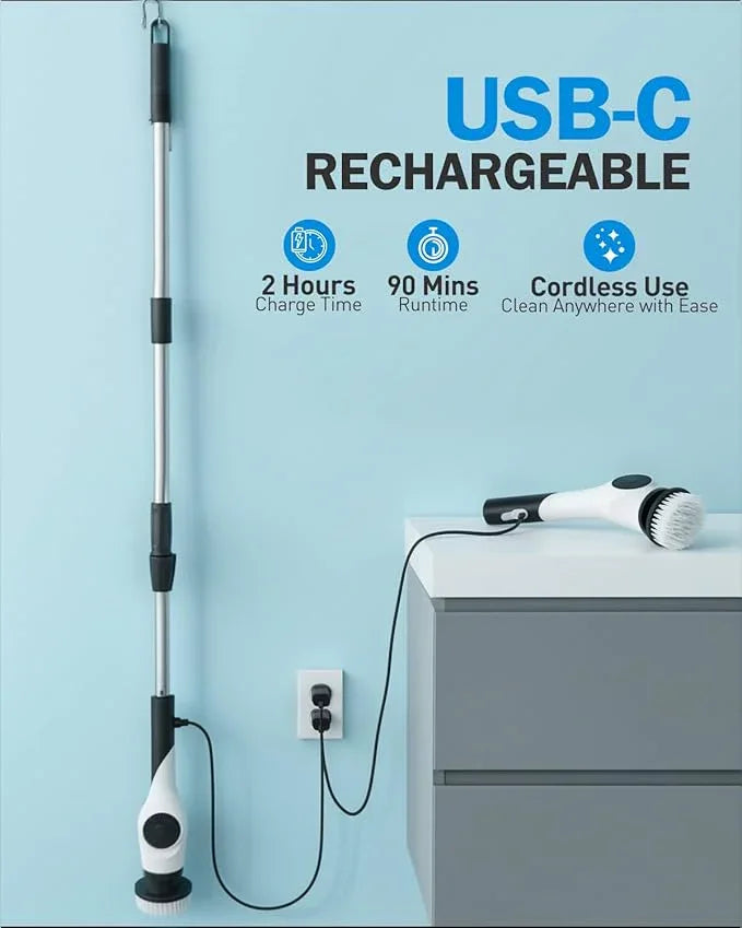 Electric Spin Scrubber, 3-Speed Cordless Shower Scrubber with 90° Adjustable & 10 Replaceable Brush Heads, 90 Mins Runtime & Full-Body IPX7 Waterproof Shower Cleaner Brush with Long Handle - NeatNest