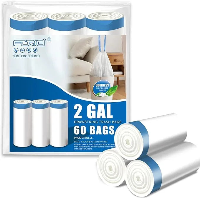 FORID Mini Drawstring Trash Bags - 2 Gallon Small Bathroom Garbage Bags White Plastic Trash Can Liners Disposable Unscented Wastebasket Bags 60 Count for Office bedroom Home 7.5 Liter - NeatNest