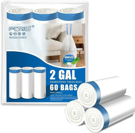 FORID Mini Drawstring Trash Bags - 2 Gallon Small Bathroom Garbage Bags White Plastic Trash Can Liners Disposable Unscented Wastebasket Bags 60 Count for Office bedroom Home 7.5 Liter - NeatNest