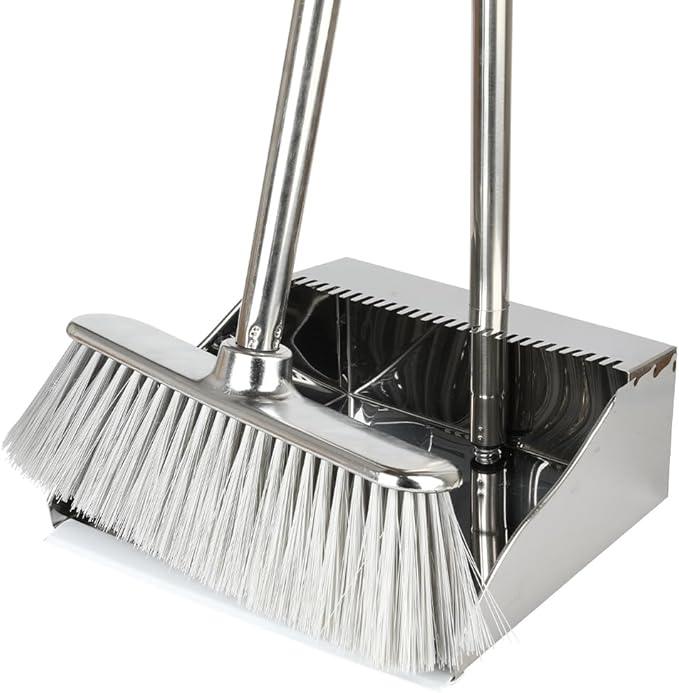 Metal Dustpan with Broom Set, Long Handle Stainless Steel Dustpan,Heavy Duty Standing Dust Pan with Teeth, Indoor Outdoor Up for Home Kitchen Lobby Room Office - NeatNest